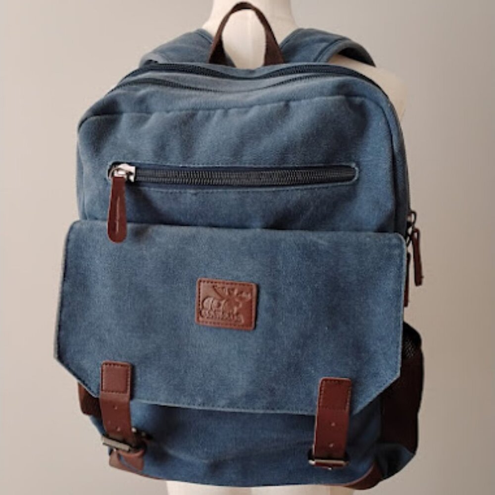 Vintage-Style Moose Canvas Backpack Blue